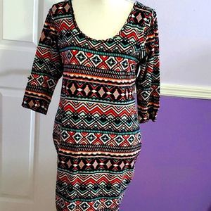 Love Chesley Black Boho Aztec Print 3/4 Sleeve Y2K Bodycon Dress 2X